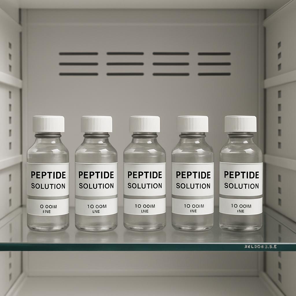 Five bottles of peptide solution in a freezer.