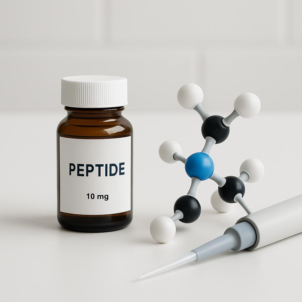 The image shows a bottle of peptide, a molecular structure and a syringe. The bottle is brown and has a white label with t...