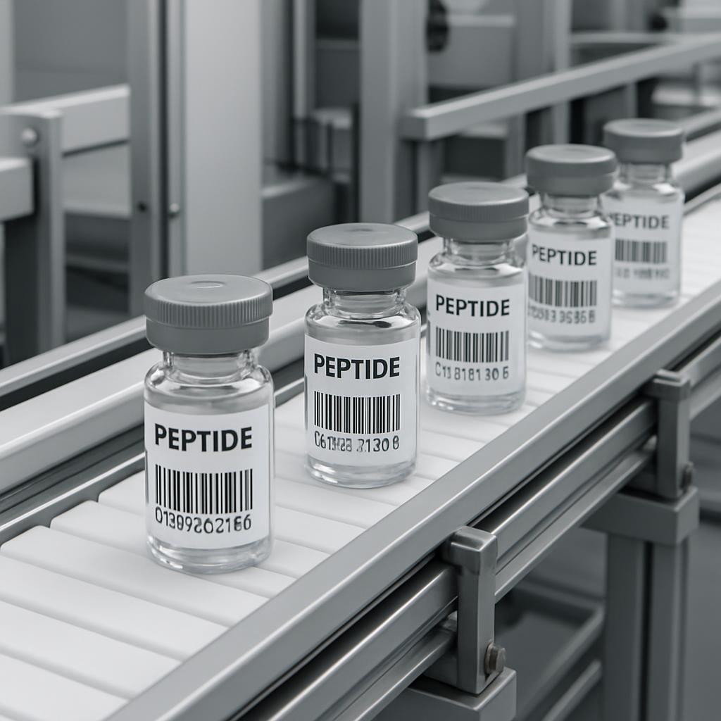 A batch of vaccines sits on a conveyor belt. The vials are white, ordered with grey stoppers, and carry lines of text mask...