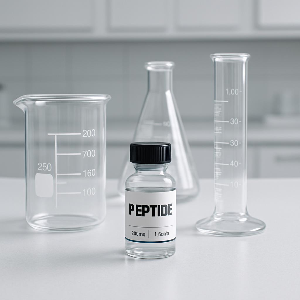 Glass chemistry beakers, label, and cap, pre-filled with clear liquid and labeled "peptide".
