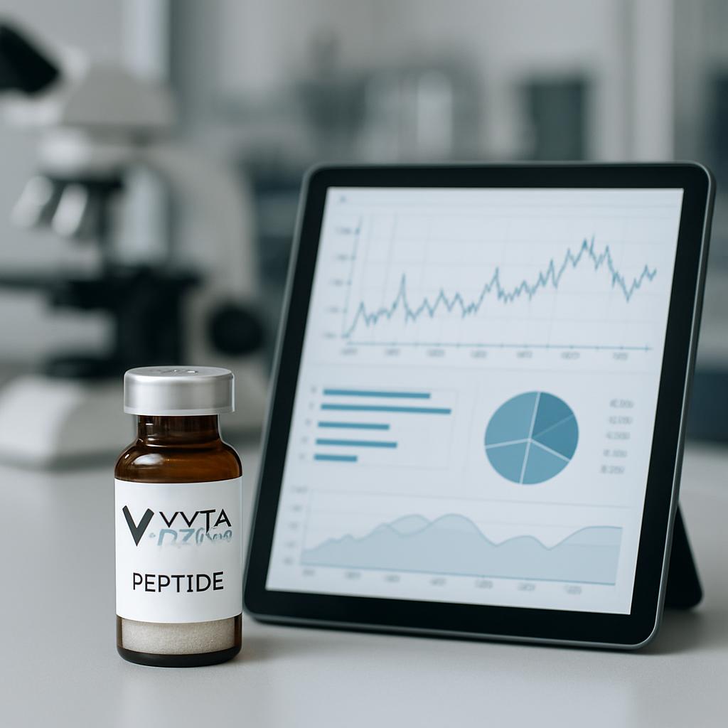 Image contains esthetics serum vial and workspace with digital screen in foreground. Blurred background suggests medical lab.