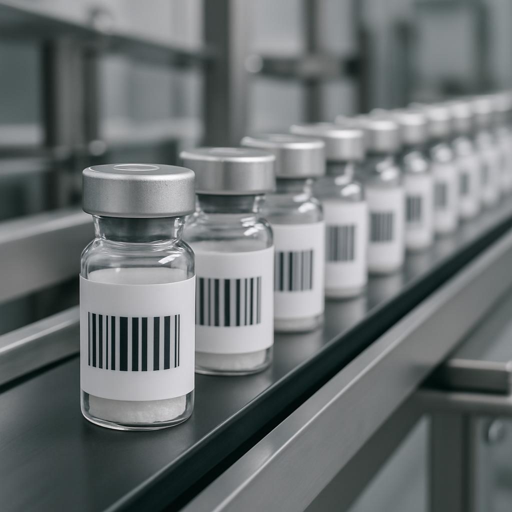 Bottles of medical-enhancement medication in a row on a conveyor.